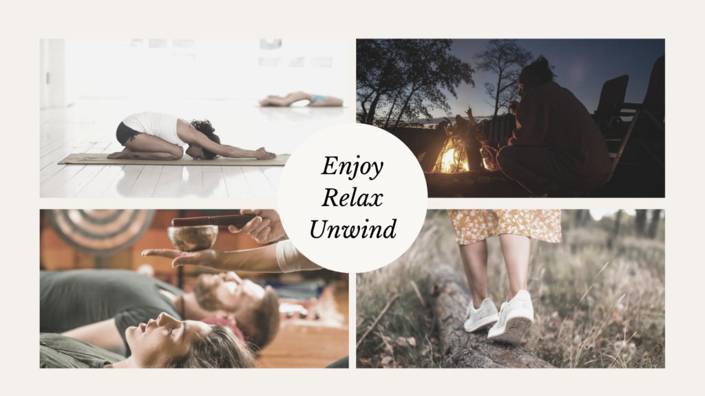 Enjoy, relax, unwind, retraitedag yoga, klankschalen, stilte wandeling
